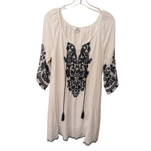 CC Chic Connection Dress Womens Medium Boho White Blue Embroidery Tunic Lined
